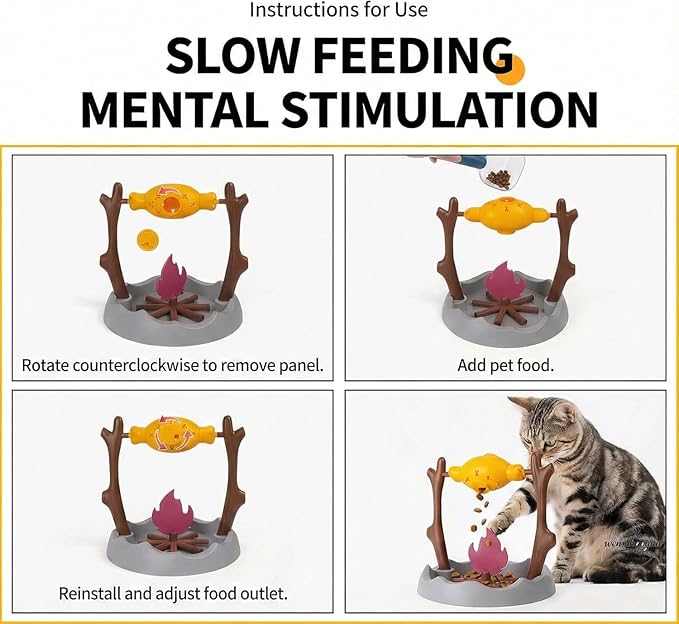 Cat BBQ Toy,11" High Cats Treat-Dispensing Slow Feeder,Pets Dry Food Dispenser,Cats Slow Feeding Snack Bowl, Grilled Fish Spinning Toy, Food Puzzle Cat Toy