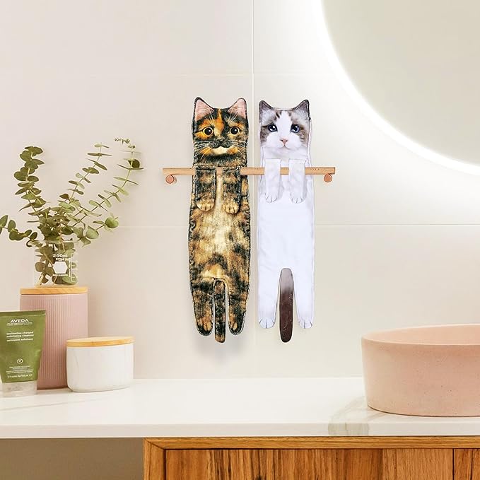 Funny Hand Towels for Bathroom Kitchen Decor - Cute Cat Hanging Hand Towel Kitchen Gadgets - Unique Housewarming Birthday Christmas Cat Lover Gift Ideas for Women Mom Lady Adults