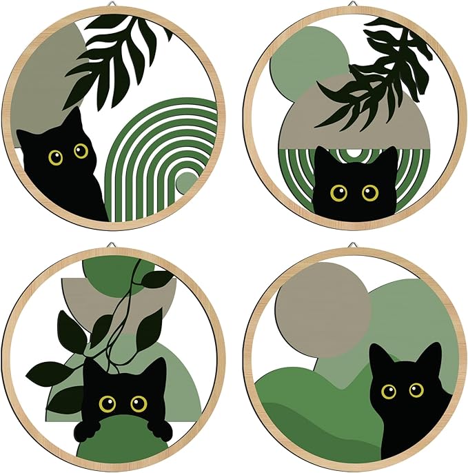 Sage green Cat Wall Art Sage green C at Room Decor Aesthetic, 4-Piece Farmhouse Geometric Wooden Black Cat Wall Decor Mid-Century Bohemian Moon Sun Design for Nursery, Bedroom Ca t Lover Gifts
