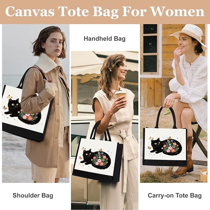 GevGuxLuo Canvas Tote Bag for Women, Cute Cat Gifts for Black Cat Lovers, Animal Lover Gift Aesthetic Cats Beach Bag Reusable Grocery Bag, Birthday Christmas Gift for Daughter Friends Sisters Bestie