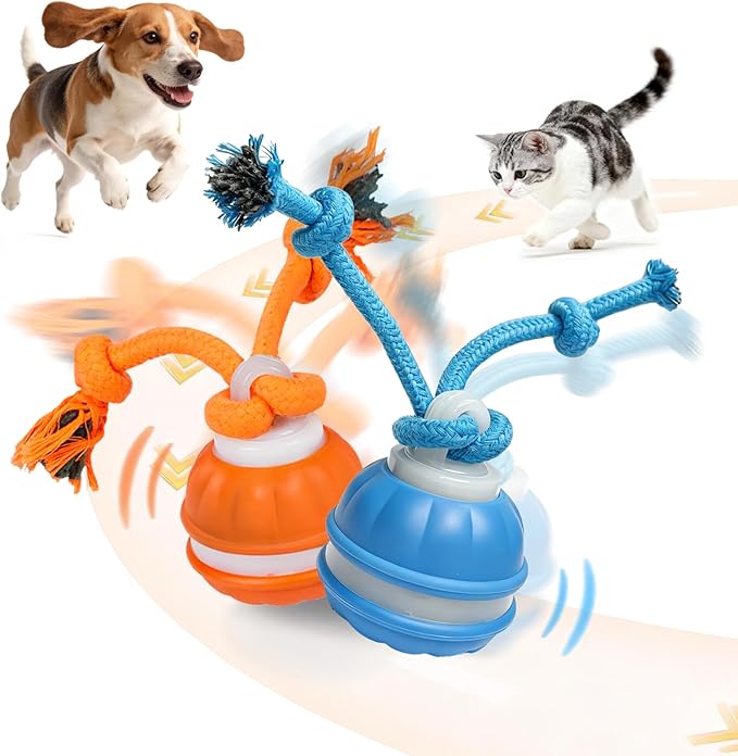2 Pack Interactive Dog Toys - Orange & Blue Automatic Rolling Ball with Bird Sound, Durable Chew Toy for Small Medium Dogs & Cats, Type-C Rechargeable (Blue + Orange)