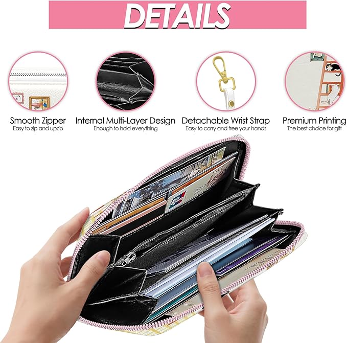 Cat Womens Wallet, Cats Wristlet Wallet For Women, Cute Cats Card Holder Purse With Zipper, Birthday Christmas Graduation Gifts For Cat Lovers Readers, Aesthetic Office Daily Purse