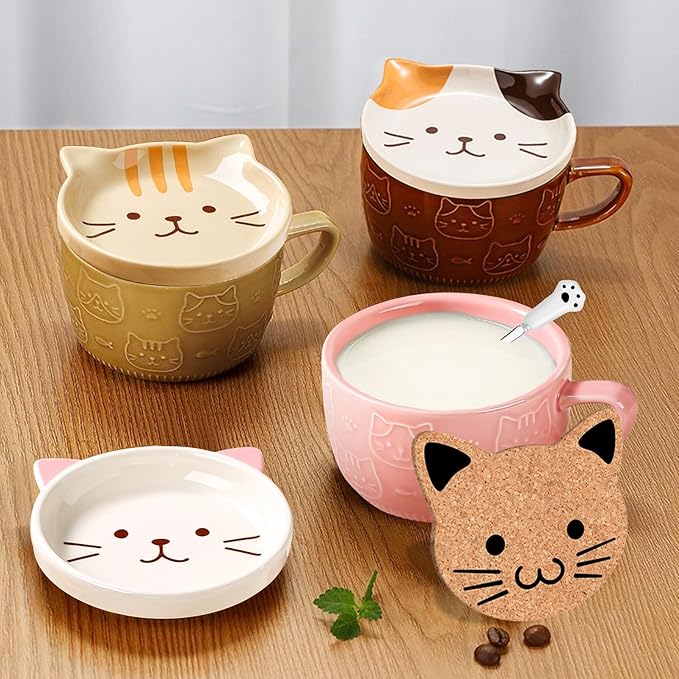 2PCS Cute Kawaii Cat Tea Cup Ceramic Coffee Mug with lid, Tea Cups and Saucers for Dessert, Cute Gifts for Cat Lovers, Anime Fans, Christmas for Women 10oz (Pink + Purple)