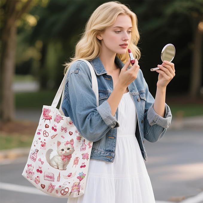 Aesthetic Canvas Tote Bag for Women - with Magnetic Snap Closure & Zipper Inner Pocket Reusable Bag for Shopping