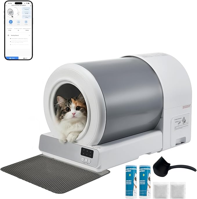 Stainless Steel Self-Cleaning Cat Litter Box, Smart APP Control Automatic Litter Box with Safety Sensors, Odor Control, Low-Entry, Large Capacity Design for Multiple Cats (White)