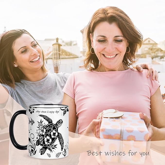 Sea Turtle Coffee Mug 11 Oz Sea Turtle Gifts Mothers Day Birthday Gift for Women Men, Boho Black and White Coffee Mug, Birthday Gifts for Friends Ceramic Mugs Microwave and Dishwasher Safe