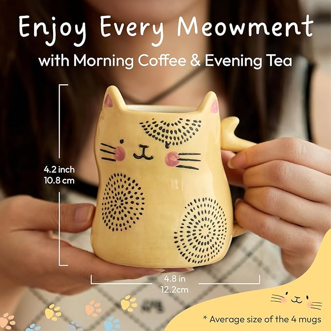 Bico Cartoon Cat Coffee Mugs Set of 4, Cute Ceramic Mugs with Unique Cats Faces, Stoneware Coffee Tea Mug Gifts for Cat Lovers, Women and Men, Microwave and Dishwasher Safe (10 oz)