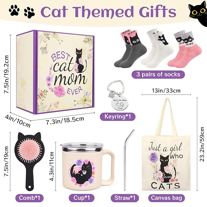 Cat Lover Gifts for Women, 7 Pcs Black Cat Themed Gift Set with Mug, Tote Bag, 3 Socks, Keychain & Comb. Perfect Kitten Themed Gifts for Women, Birthday, Mother's Day