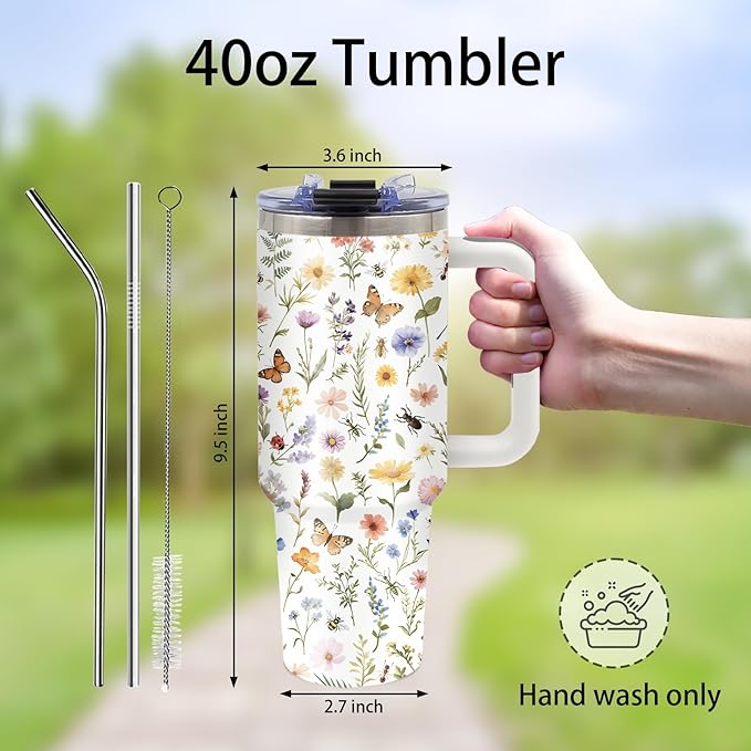 Aesthetic Insect & Floral Themed Tumbler 40oz with Handle and Straws, Leak - proof, Stainless Steel Insulated Travel Coffee Mugs for Women, Gifts Birthday Cup