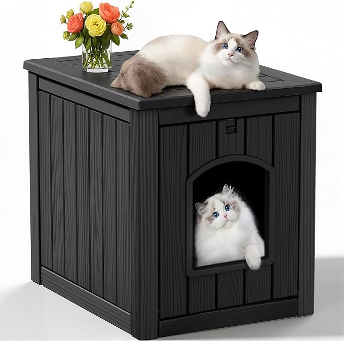 Cat Litter Box Enclosure, Multi-Functional Hidden Cat Litter Box Furniture & Cat Box Enclosure Cabinet with Side Table Design, Openable Front Door & Raised Floor, Easy to Clean & Assemble, Black