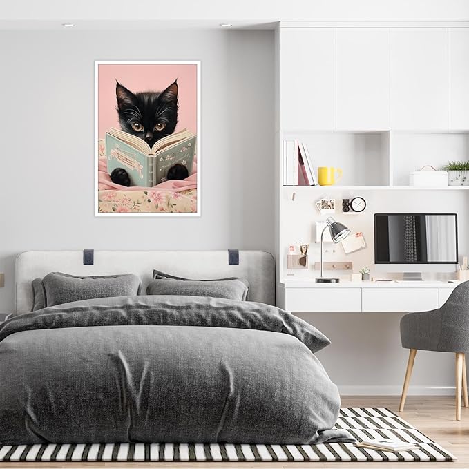 Vintage Cat Canvas Wall Art Funny Cute Cats Reading Books Poster Retro Pink Flower Abstract Animal Aesthetic Prints Painting For Girls Room Bedroom Kids Room Dorm Wall Decor 16x24in Unframed