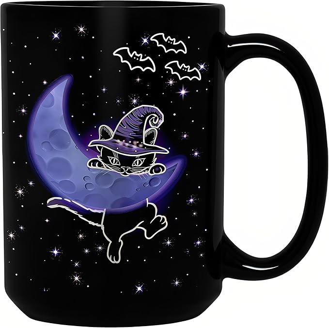 Halloween Witchy Black Cat Coffee Mug, 15oz Gothic Novelty Ceramic Cup, Celestial Moon & Star Spooky Design, Ideal for Hot & Cold Drinks, Cat Lover Gift, Goth Home Decor, Fun Gift for Women & Men