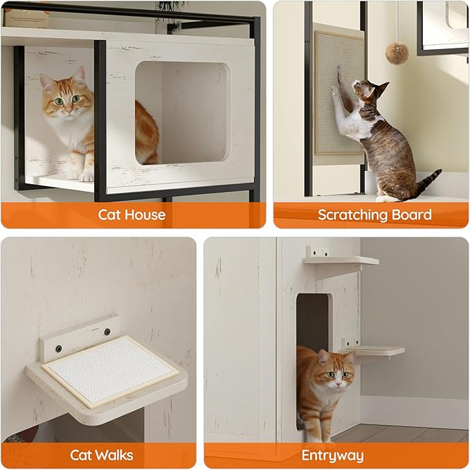 HOOBRO Cat Automatic Litter Box Enclosure Furniture, 30.5" L x 26.8" W x 61" H, Hidden Robotic Litter Box Cabinet, Dog-Proof Shelf with Charging Station, Scratching Mat, Bowls, White WH68UMZ03