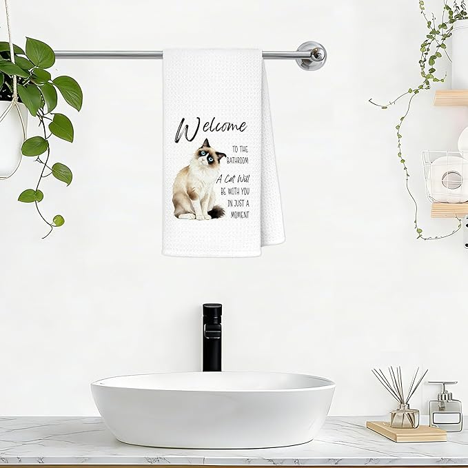 Funny Ragdoll Cat Bathroom Hand Towels, Cat Lovers Mom Dad Lady Gifts, Welcome to The Bathroom Cute Kitten Decorative Hand Towels for Washroom Restroom, 16x24 Inch