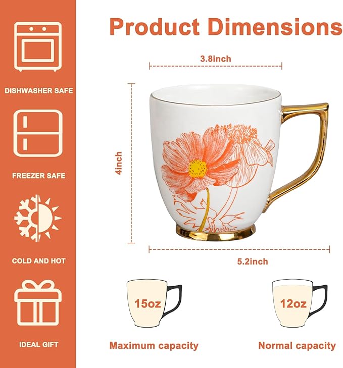Ceramic Coffee Mug - 15 oz Tea Cup with Cosmos and Anemone Pattern, Porcelain Floral Mug for Home, Mother's Day Gift for Mom and Wife