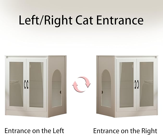Cat Litter Enclosure with Cat-Viewing Glass Doors, Litter Cabinet with Power Outlet and Cozy LED Lights, Reversible and Optional Entry,White