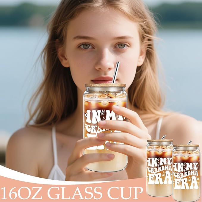 Grandma Birthday Gifts from Granddaughter Grandson, Grandma Christmas Gifts, Thanksgiving Ideas Gift with 16 Oz Glass Cup for Nana GiGi Mimi Grandmother