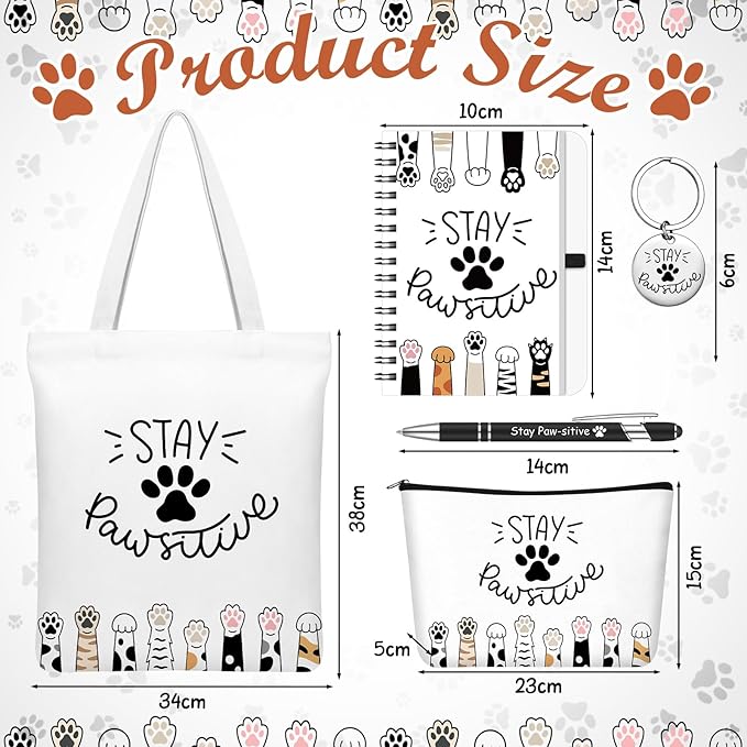 Talltalk 5pcs Valentines Positive Gift for Cat Lover Pawsitive Tote Bag Paw Print Makeup Bag Stainless Steel Keychain Motivational Quote Notebook Pen Pawsitive Pet Themed Gift for Women