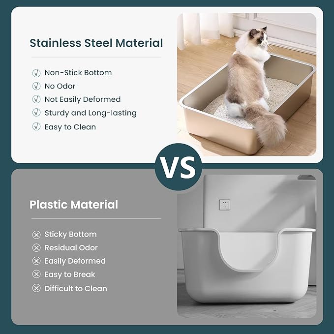 Extra Large Stainless Steel Cat Litter Box, 23.6”x15.8”x6” Metal Litter Box with High Sided for Small Big Cats, Odor Free Kitty Litter Tray, Non Sticky Indoor Litter Pan, XL