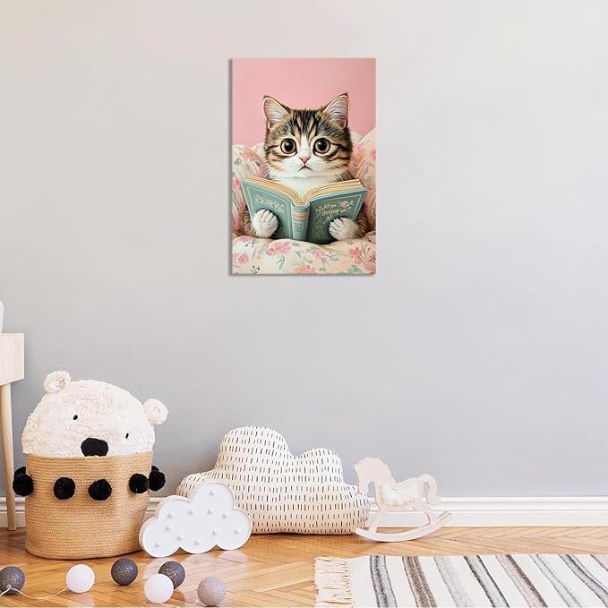 Funky Cute Cats Reading Books Canvas Wall Art Funny Pet Cat Animal Poster Trendy Pink Flower Wall Decor Cat Lovers Prints Painting For Home Bedroom Kids Room Dorm Wall Decor 16x24in Framed