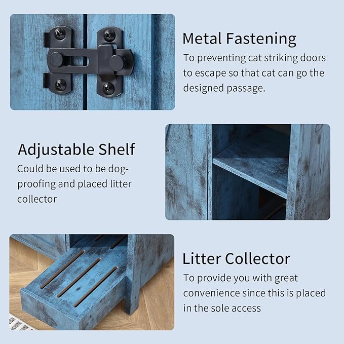Large Cat Litter Enclosure With Litter Collector, Enclosure for self-Cleaning Litter Boxes,Adjustable Shelf for Dog Proof and Storage,Outlet,Lock Added for cat,Cat Washroom Cabinet,Blue