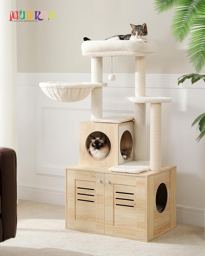 MUTTROS Cat Tree with Litter Box Enclosure, 50" Modern Cat Tree for Large/Fat Cats with Cat Condo, Wooden Cat Furniture with Large Hammock and Top Perch, Beige