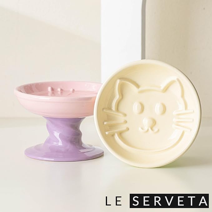 Elevated Twisting Design Cat Food Slow Feeder, Ceramic Raised Cat Dishes with Decorative Twisting Design Stand, Macaron Colors, Slow Feed Design (Yellow Green)