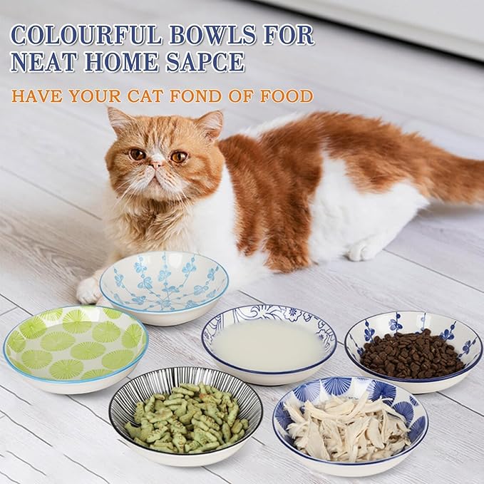 Ceramic Cat Bowls with Non-Slip Silicone Bottom,Prevent Whisker Fatigue,Reduce Mess,Wide Cat Bowls for Indoor Cats,6 Colorful Set for Daily Feeding Gift Choice (Classic)