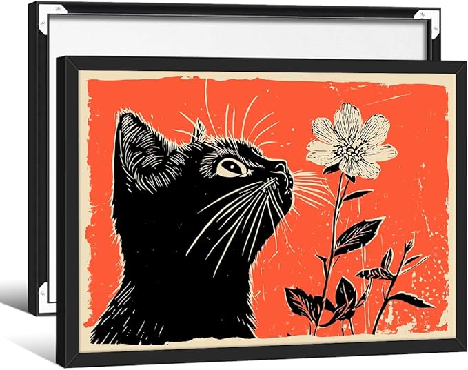 Black Cat Posters Vintage Animal Botanical Wall Art Cute Cat Sniffing Flower Canvas Painting Gift For Cat Lover 08x10 inch Black Framed Living Room Gallery Wall Decor