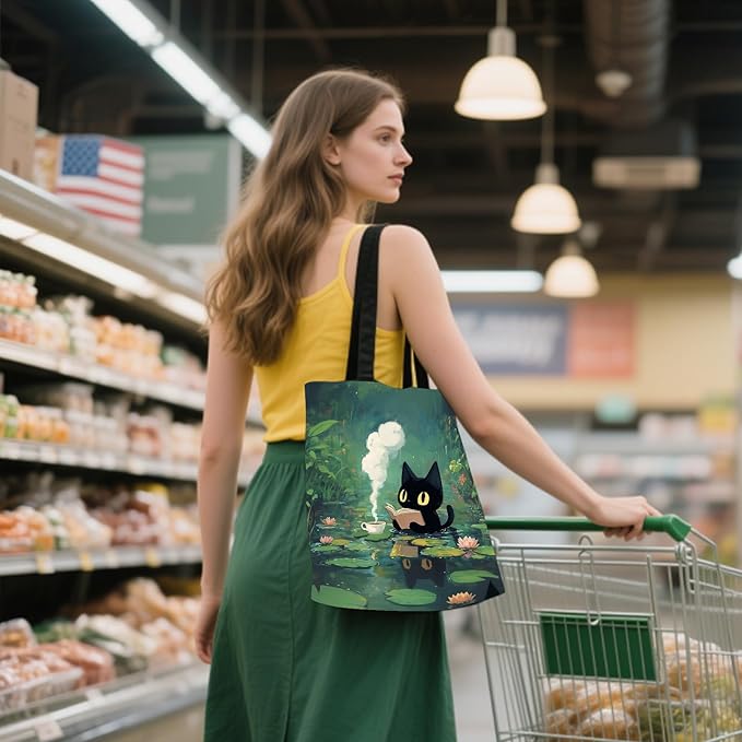 Aesthetic Canvas Tote Bag for Women - with Magnetic Snap Closure & Zipper Inner Pocket Reusable Bag for Shopping