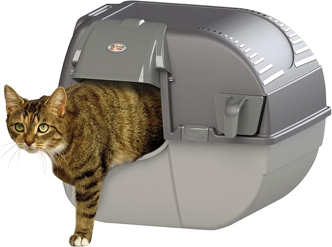 Omega Paw Premium Roll 'N Clean Self Cleaning Litter Box with Integrated Litter Step and Unique Sifting Grill for Quick Maintenance, Large Size, Gray