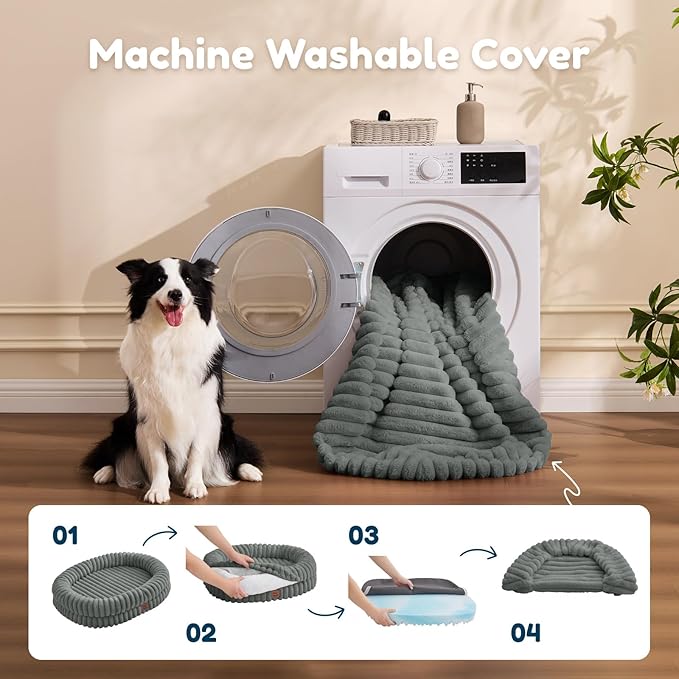 ChiXnuggle Dog Bed Medium Sized Dog - Luxury Striped Faux Fur Waterproof Pet Couch with Removable Washable Cover, Orthopedic Pet Bed with Bolster Sides for Sleeping, Grey