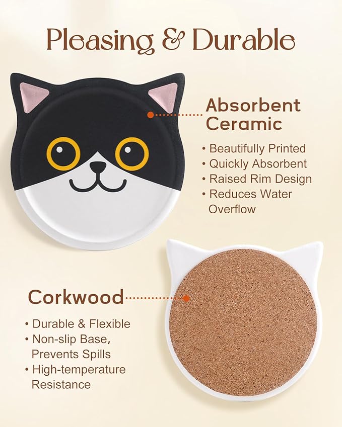 Oqplog Cat Drink Coasters for Cat Lovers Gifts Desk Coffee Table Set of 6-Funny Ceramic Cup Holder Coaster for Home Office Cute Decor Accessories for Women Family