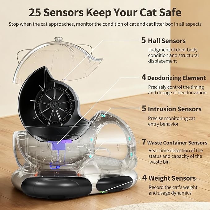 Automatic Cat Litter Box, Semi-Open Large Capacity with Triple Odor Removal System, App Control and Health Monitor, Safety Sensor, Cute Self Cleaning Litter Box for Multiple Cats (Black)