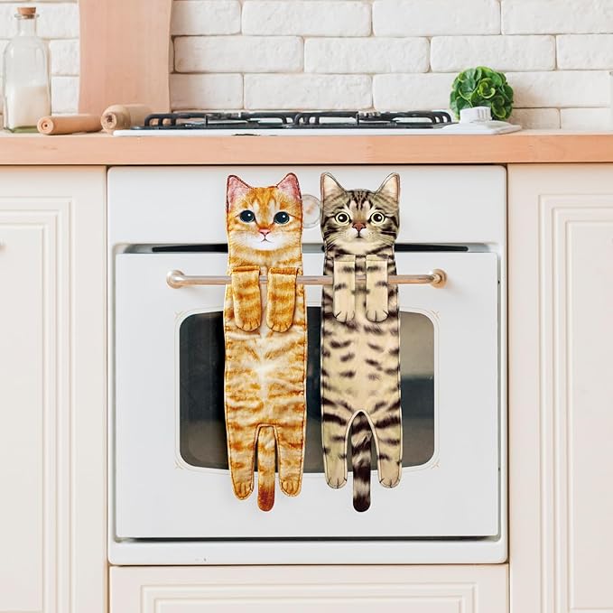 Funny Hand Towels for Bathroom Kitchen Decor - Cute Cat Hanging Hand Towel Kitchen Gadgets - Unique Housewarming Birthday Christmas Cat Lover Gift Ideas for Women Mom Lady Adults