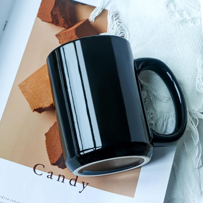 16 OZ Porcelain Coffee Mug, Classic Blank Ceramic Cup with Large Handle for Tea Latte Cappuccino, Black