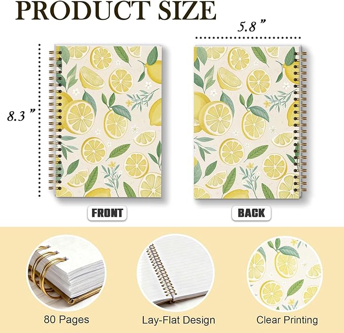 Amalfi Lemons Spiral Notebook, Aesthetic Cute Study Supplies, Christian Gifts for Women Girls, 5.5x8.3 Inch - A15