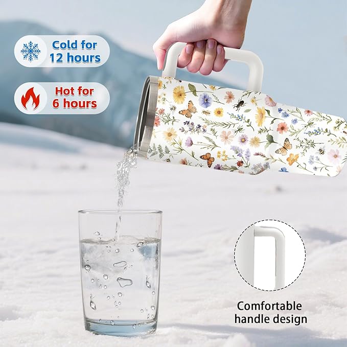 Aesthetic Insect & Floral Themed Tumbler 40oz with Handle and Straws, Leak - proof, Stainless Steel Insulated Travel Coffee Mugs for Women, Gifts Birthday Cup
