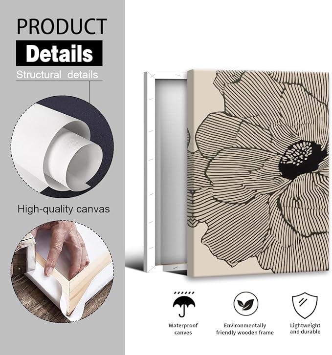 Abstract Black and Beige Flowers Canvas Wall Art, Neutral Floral Lines Poster, Modern Minimalist Floral Wall Decor, Boho Botanical Sketch Art Print for Living Room Bedroom 24x36in Wrapped Canvas