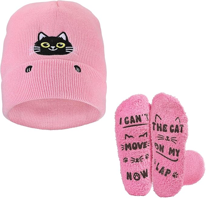 Cat Beanie and Funny Socks for Women - Cute Warm Gifts for Cat Lovers
