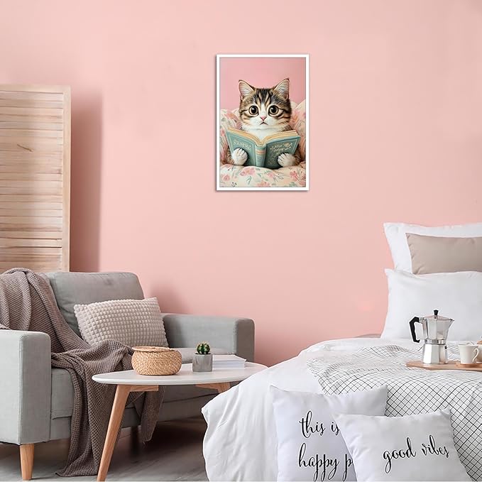 Funky Cute Cats Reading Books Canvas Wall Art Funny Pet Cat Animal Poster Trendy Pink Flower Wall Decor Cat Lovers Prints Painting For Home Bedroom Kids Room Dorm Wall Decor 12x16in Unframed
