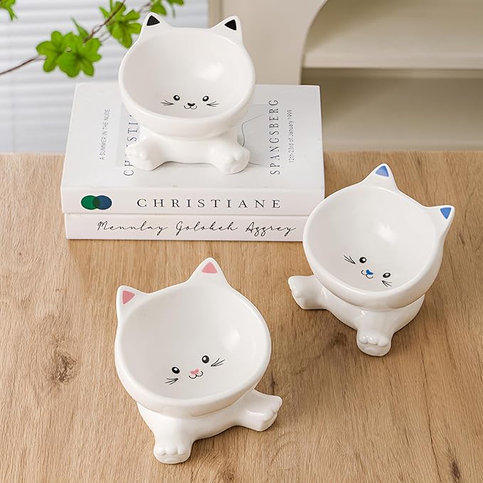 Elevated Cat Bowls, 4.9 Inch Ceramic 3D Raised Cat Food Bowl for Whisker Fatigue, Slanted Cute Kitten Food Bowl & Porcelain Water Dish 4.5 OZ, Anti-Vomiting, Protects Pet’s Spine, 1 Piece