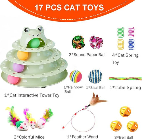 17 Pack Cat Toys, 4-Level Turntable Ball Track Interactive Cat Toy for Indoor Cats, Self Play Fun Roller with Colorful Rotating Ball Puzzle Exercise Kitten Toys Set