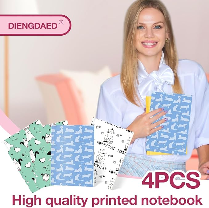 Cat Notebooks for Work, 4 Pcs A5(8.26x5.7inch) College Ruled Notebook Journal for Women, Cute Notepads Lined Journals for Writing, Cute Diary Stationary Cat Lover Gifts 12
