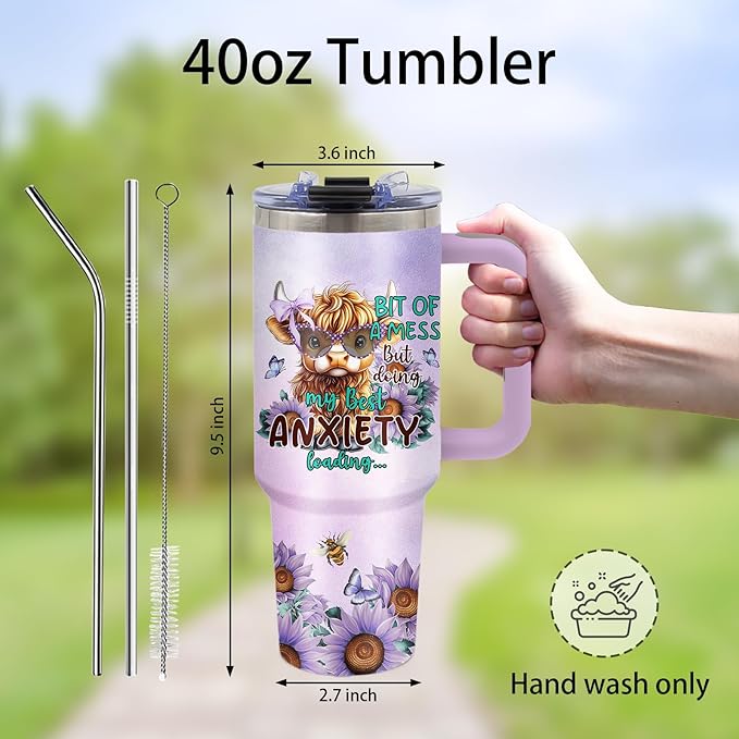 Highland Cow Gifts - Yak Tumbler 40oz with Handle and Straws, Leak-proof, Stainless Steel Insulated Coffee Mugs for Western Farm Lovers Cups, Purple Highland Cows Drinking Water Bottle