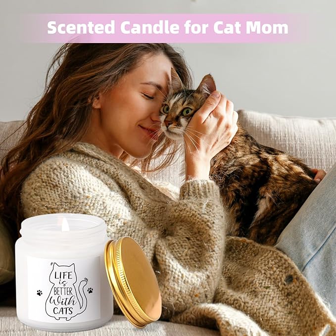 Cat Lover Gifts for Women, Cat Mom Gifts, Cat‘s Themed Gift for Christmas Mother's Day Birthdays, Gift for Cats Lovers for Crazy Cats Lady Mom Daughters with Canvas Bag Glass Cup Scented Candle Socks