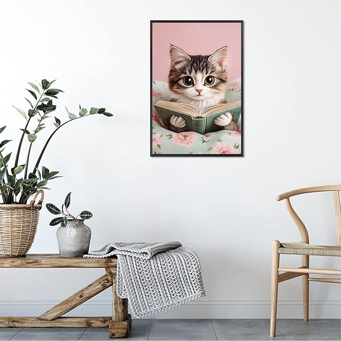 Trendy Cat Reading In Bed Canvas Wall Art Funny Pink Flower Animal Poster Funky Cat Lovers Monet Minimalist Prints Painting For Home Bedroom Kids Room Dorm Wall Decor 8x12in Framed