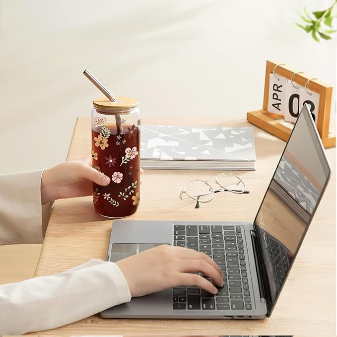 Joeyan Glass Cup with Lid and Straw, Iced Coffee Cups with Positive Crochet Potted Plant Doll, Boho Floral Tumbler for Smoothie Boba Tea, Emotional Support Birthday Mothers Day Gift for Women Mom Her