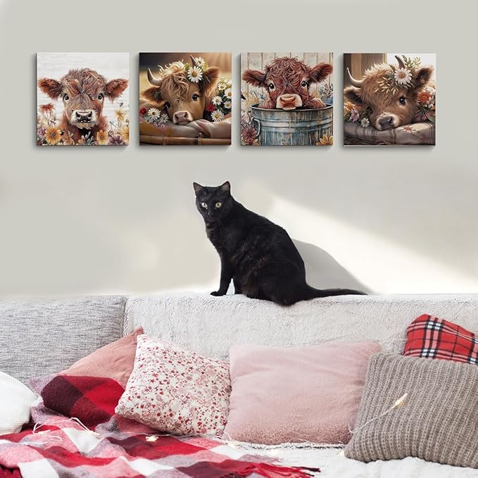 4 PCs Cow Decor Canvas Wall Art Framed Wall Decor, Cow Gifts Art Prints Paintings, Farm Animal Pictures Floral Country Poster Home Decorations for Nursery Bedroom Farmhouse Living Room