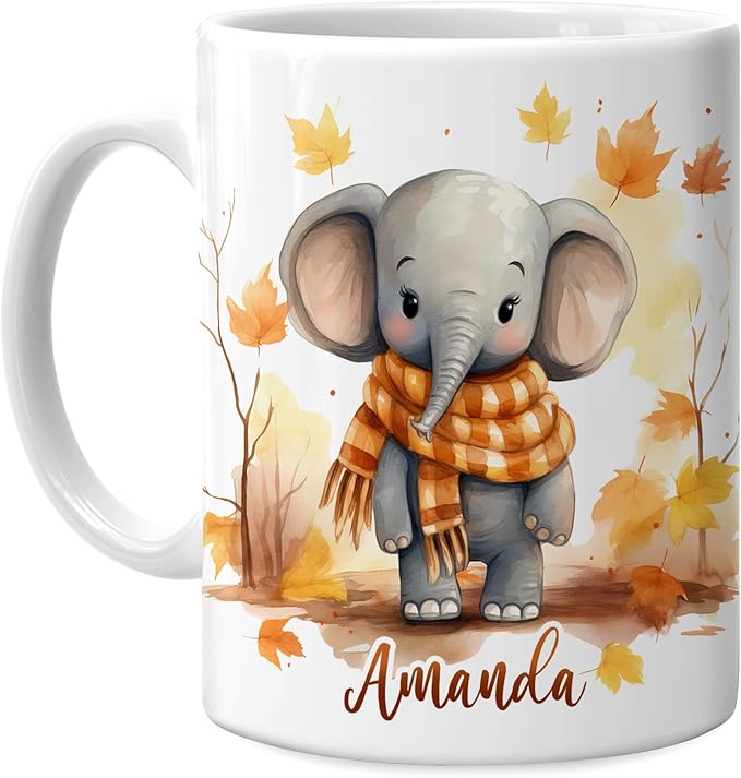 Hyturtle Personalized Fall Elephant Maple Leaves Coffee Mug - Birthday Gifts For Elephant Lovers - Fall Autumn Decor Gifts For Farmhouse Thanksgiving - Custom Name 11oz White Ceramic Coffee Tea Mug